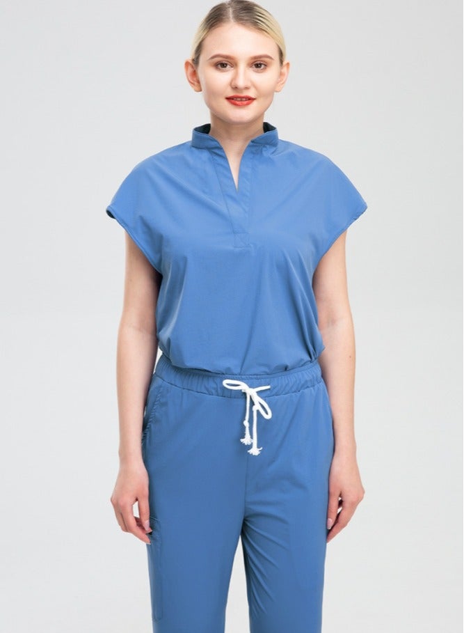 Loquat Womens Fashion Medical Uniform Scrubs 2 Piece Set Stand Collar Top and Elastic Waist Jogger Pants Suit Blue  - Image 2