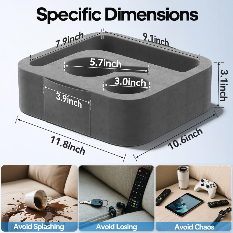 Heyife Couch Cup Holder Pillow, Sofa and Bed Caddy for iPad, Kindle, Switch, Game Controller, Remotes, Phones, Small-Sized Cup & Drink Holder for Couch, Bed, Desk, Car, Beach, Bathroom Cup Holder, Deep Gray - Image 4
