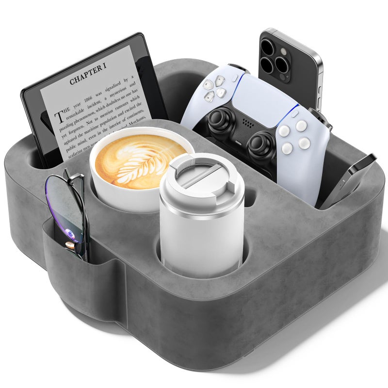 Heyife Couch Cup Holder Pillow, Sofa and Bed Caddy for iPad, Kindle, Switch, Game Controller, Remotes, Phones, Small-Sized Cup & Drink Holder for Couch, Bed, Desk, Car, Beach, Bathroom Cup Holder, Deep Gray - Image 1