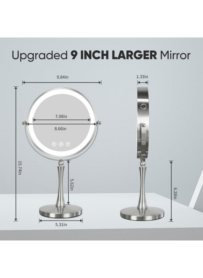 Nicesail 9 Large Lighted Makeup Mirror 1X/10X Magnifying Vanity Mirror With 3 Colors Dimmable Led Lighting 360°Rotation Double Sided Tabletop Mirror For Desk Cosmetic Mirror Polished Nickel  - Image 3