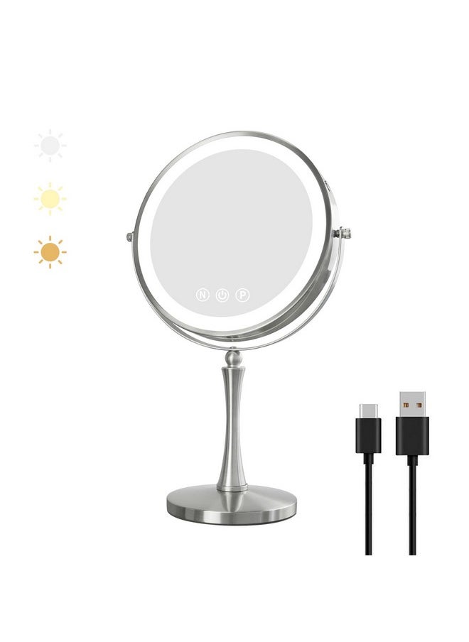 Nicesail 9 Large Lighted Makeup Mirror 1X/10X Magnifying Vanity Mirror With 3 Colors Dimmable Led Lighting 360°Rotation Double Sided Tabletop Mirror For Desk Cosmetic Mirror Polished Nickel  - Image 1