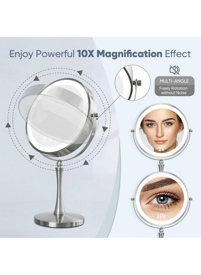 Nicesail 9 Large Lighted Makeup Mirror 1X/10X Magnifying Vanity Mirror With 3 Colors Dimmable Led Lighting 360°Rotation Double Sided Tabletop Mirror For Desk Cosmetic Mirror Polished Nickel  - Image 2