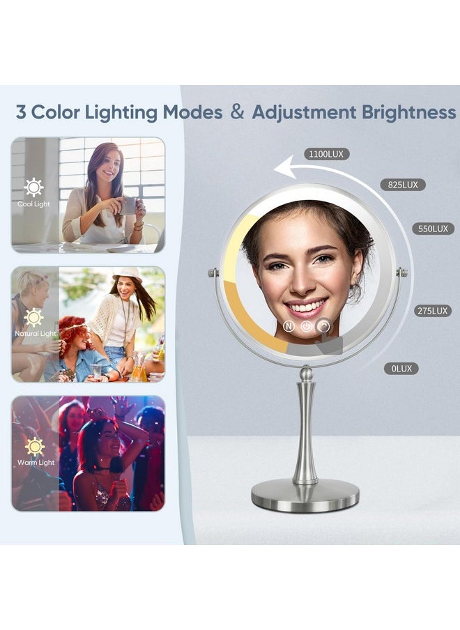 Nicesail 9 Large Lighted Makeup Mirror 1X/10X Magnifying Vanity Mirror With 3 Colors Dimmable Led Lighting 360°Rotation Double Sided Tabletop Mirror For Desk Cosmetic Mirror Polished Nickel  - Image 4