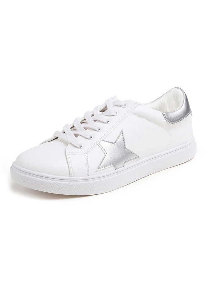 FEVERSOLE - Women's Featured PU Leather Colorful Lace Up Sneaker White Silver Star Size 6.5 M US - Image 1