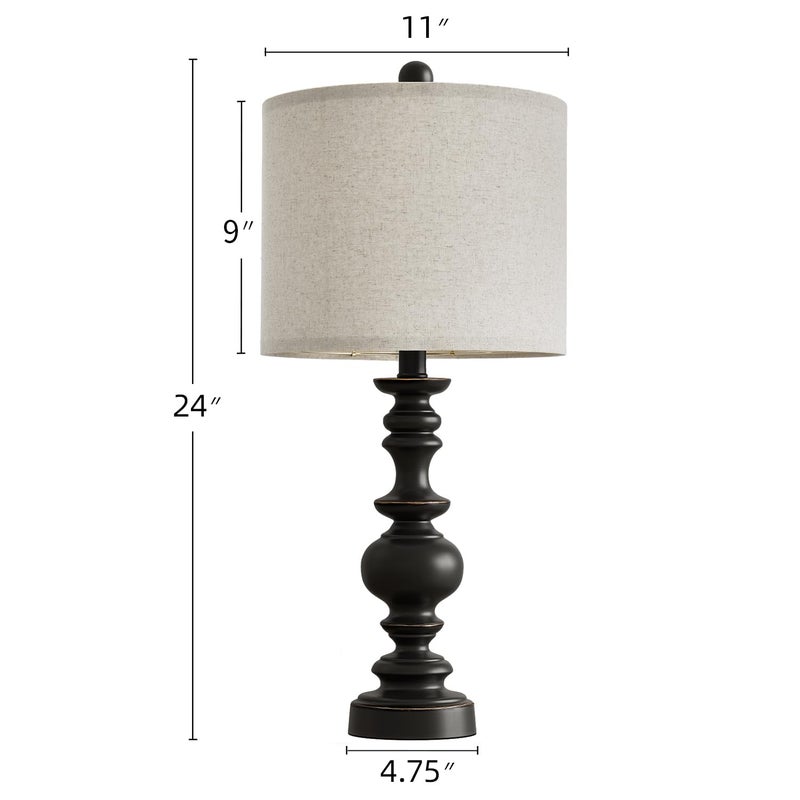 BOBOMOMO 24" Traditional Farmhouse Table Lamp Set of 2, Vintage Resin Lamps for Living Room Bedroom, Rustic Nightstand Lamp with Linen Shades, Retro Black Table Lamps for Living Room, Bedroom, Office - Image 5
