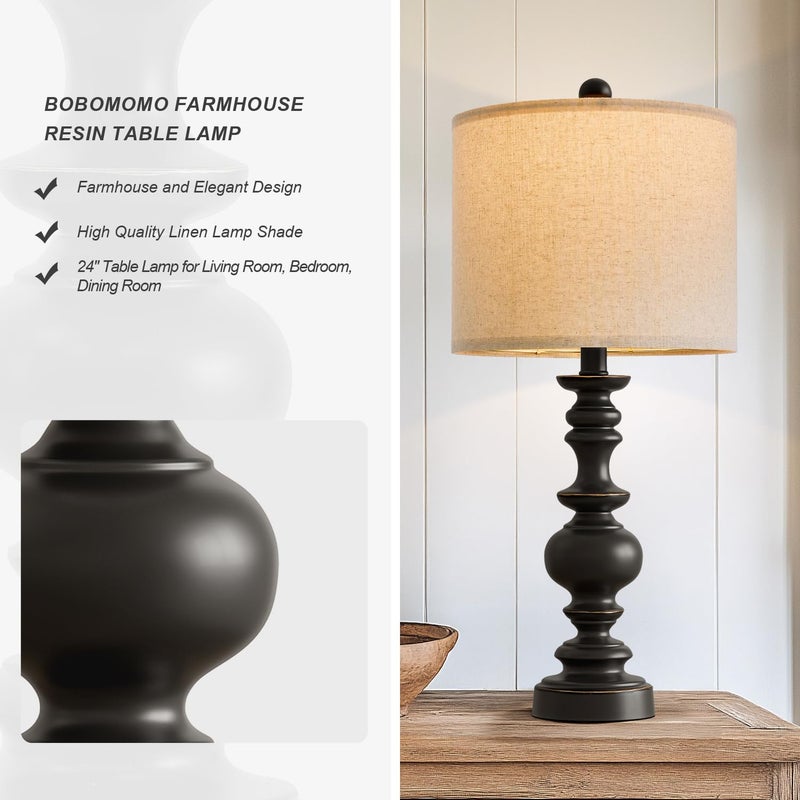 BOBOMOMO 24" Traditional Farmhouse Table Lamp Set of 2, Vintage Resin Lamps for Living Room Bedroom, Rustic Nightstand Lamp with Linen Shades, Retro Black Table Lamps for Living Room, Bedroom, Office - Image 3
