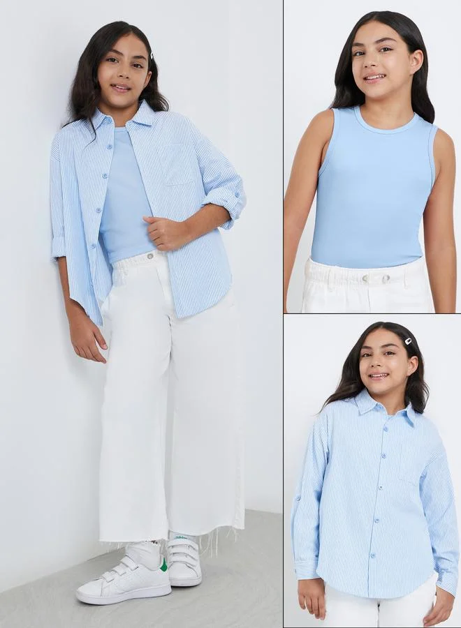 Styli Styli Pack of 2 - Girls Blue Striped Shirt and Rib Tank