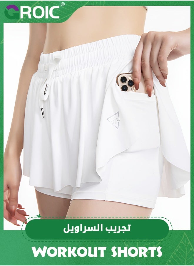 GROIC 2 in 1 Women Athletic Shorts, Workout Running Yoga Shorts with Pocket, Cute Clothes Shorts for Running, Yoga, Workout, Biker Butterfly Shorts with Pocket, M  - Image 1