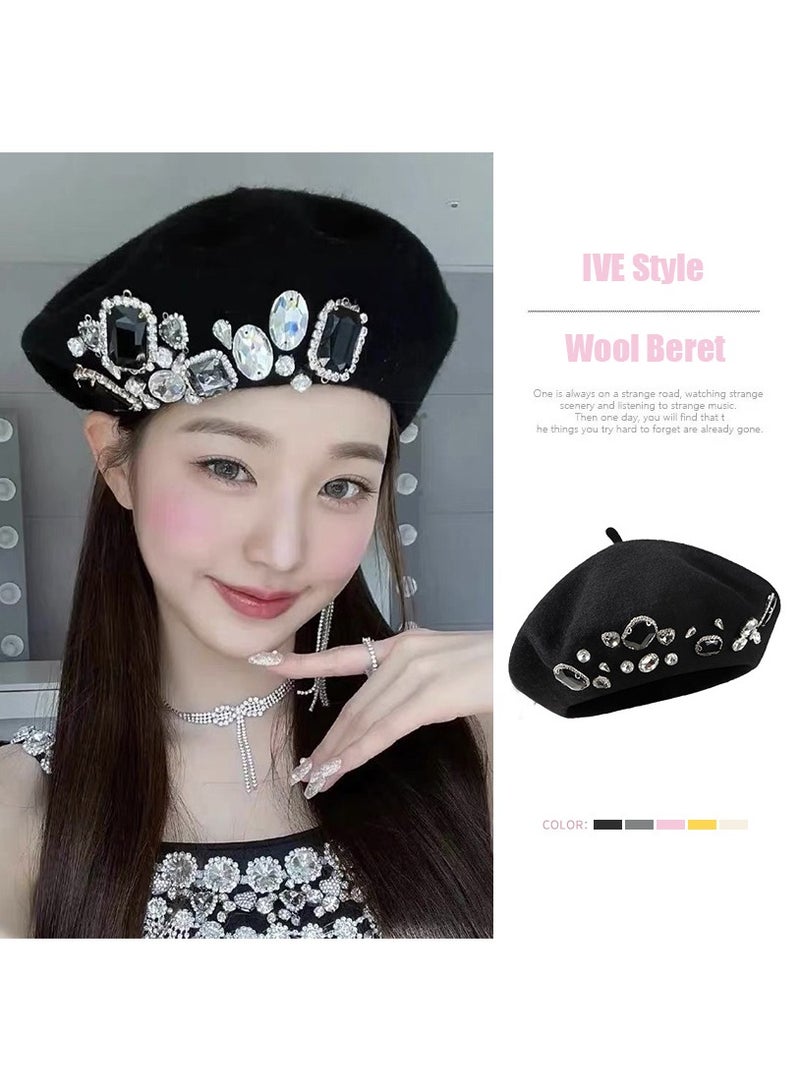 NIBEMINENT Women's Beret Korean Japanese Style Wool Bud Hat Handmade Rhinestone ive Wool hat - Image 1