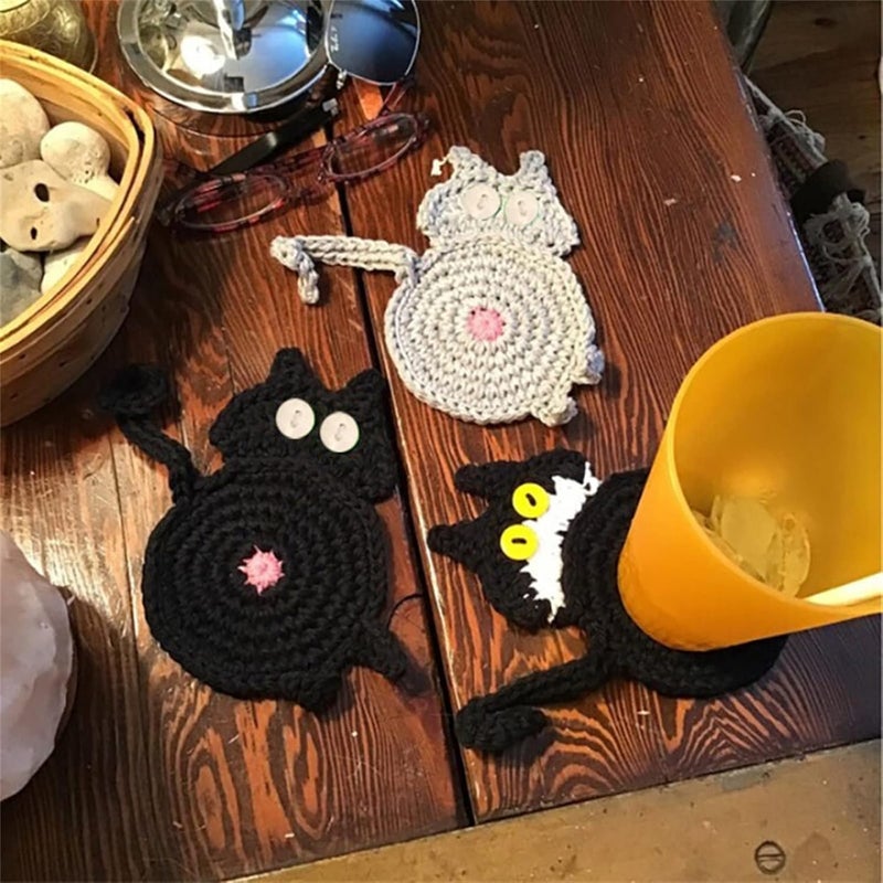 klarako Cat Butt Coasters, Funny Cat Butt Drink Mat, Handmade Crochet Cat Butt Cup Coaster, AntiSlip StainResistant Absorbent Cup Mat for Home Kithen Bar Decor, Gifts for Cat Lover (Black/White/Gray) - Image 5