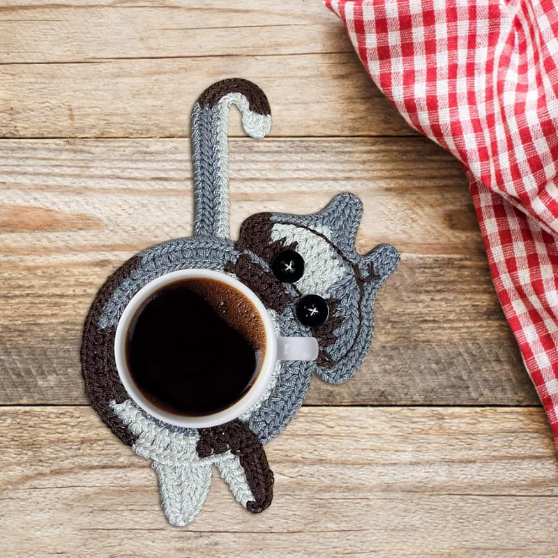 klarako Cat Butt Coasters, Funny Cat Butt Drink Mat, Handmade Crochet Cat Butt Cup Coaster, AntiSlip StainResistant Absorbent Cup Mat for Home Kithen Bar Decor, Gifts for Cat Lover (Black/White/Gray) - Image 1