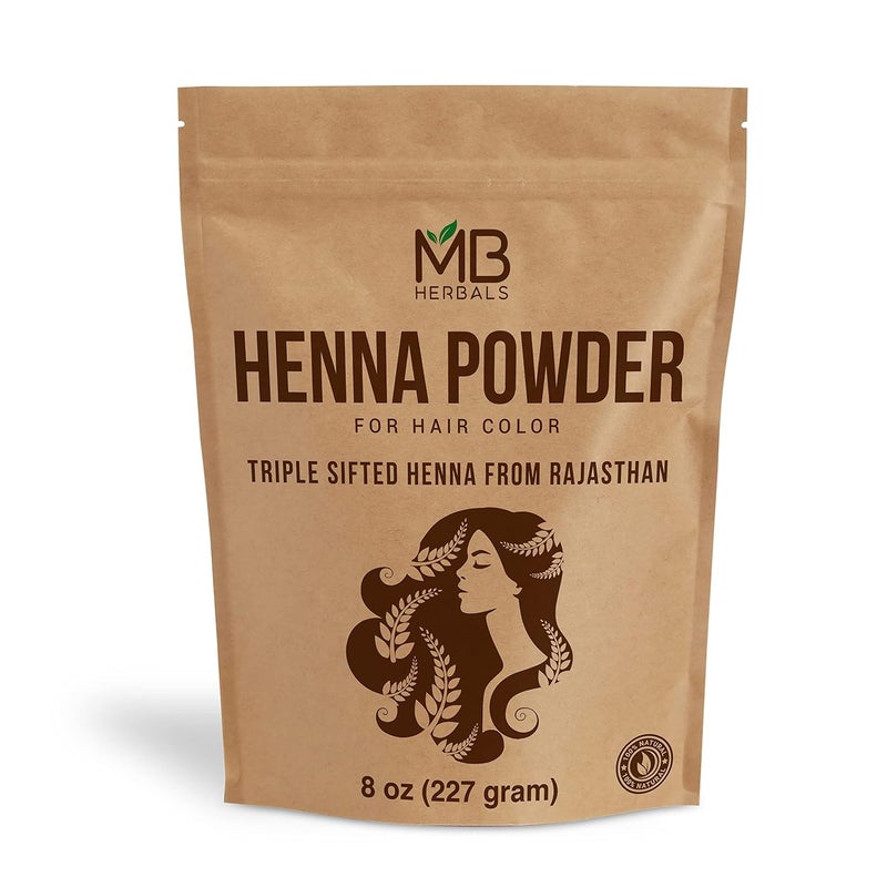 MB Herbals 100 Pure  Natural Henna Powder 8 oz  227 Grams For Hair Color  For Natural OrangeRed Hair Color  Triple Sifted  No Preservatives