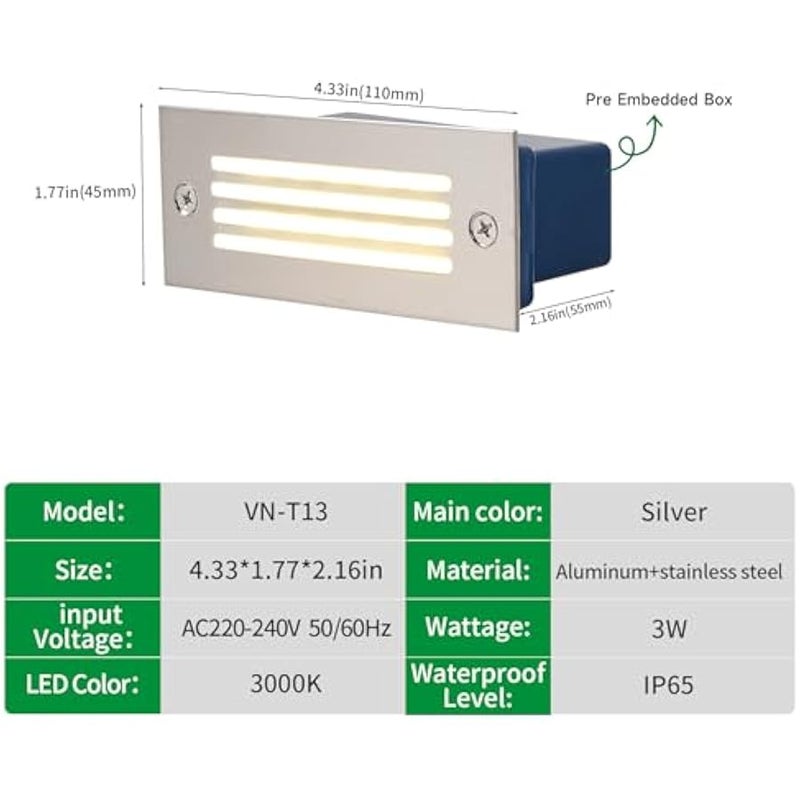 V.nice LED Step Lights Outdoor Recessed Wall Light – 3W IP65 Waterproof Stair Lighting, 3000K/6000K, Silver Aluminum, Embedded Deck Light Fixture for Indoor Outdoor Pathway - Image 2