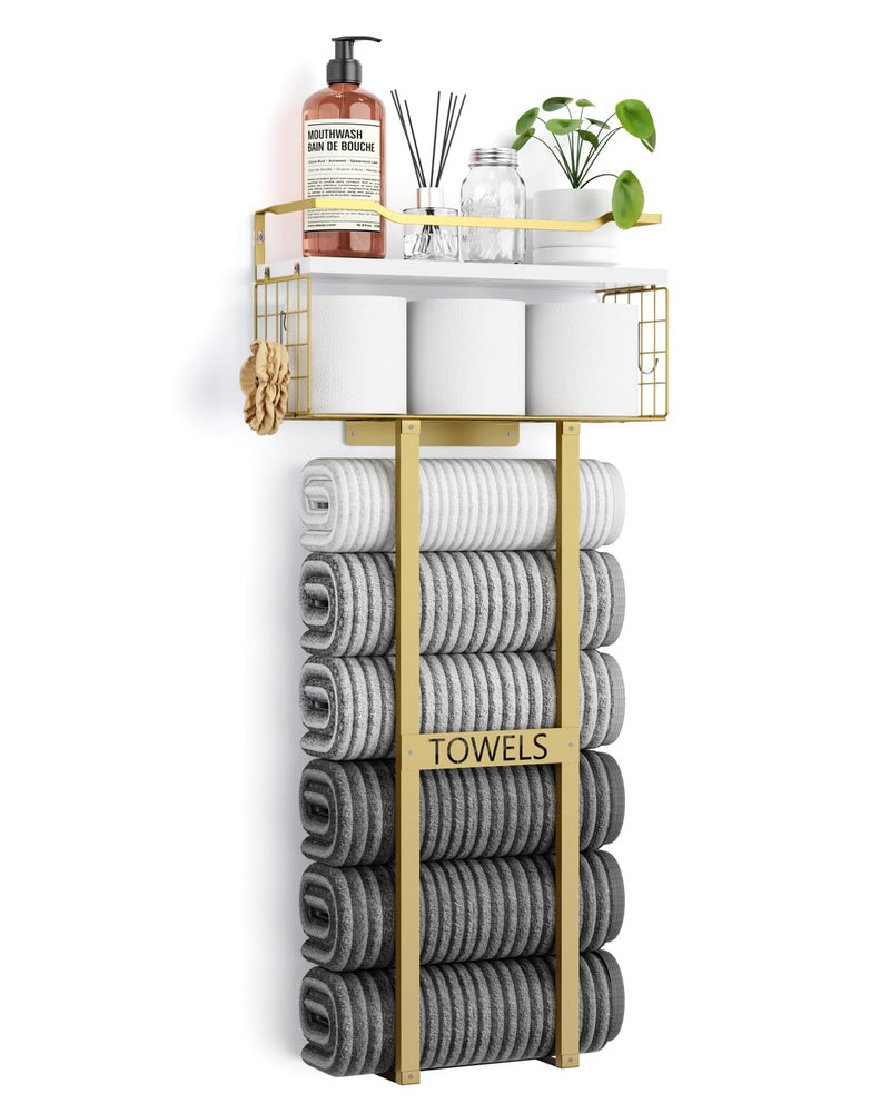 Aetyord Towel Racks for Bathroom - Wall Mounted Metal Rack with Wood Plank, Bathroom Storage Organizer, Towel Holder Stores 6 Large Rolled Towels Easily, Gold with White Plank - Image 1