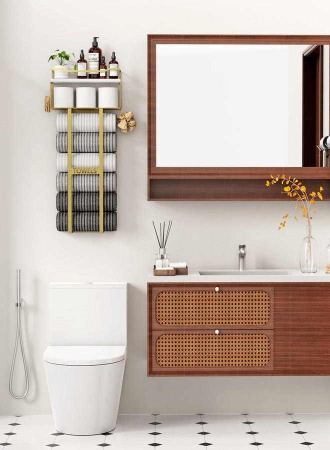 Aetyord Towel Racks for Bathroom - Wall Mounted Metal Rack with Wood Plank, Bathroom Storage Organizer, Towel Holder Stores 6 Large Rolled Towels Easily, Gold with White Plank - Image 2