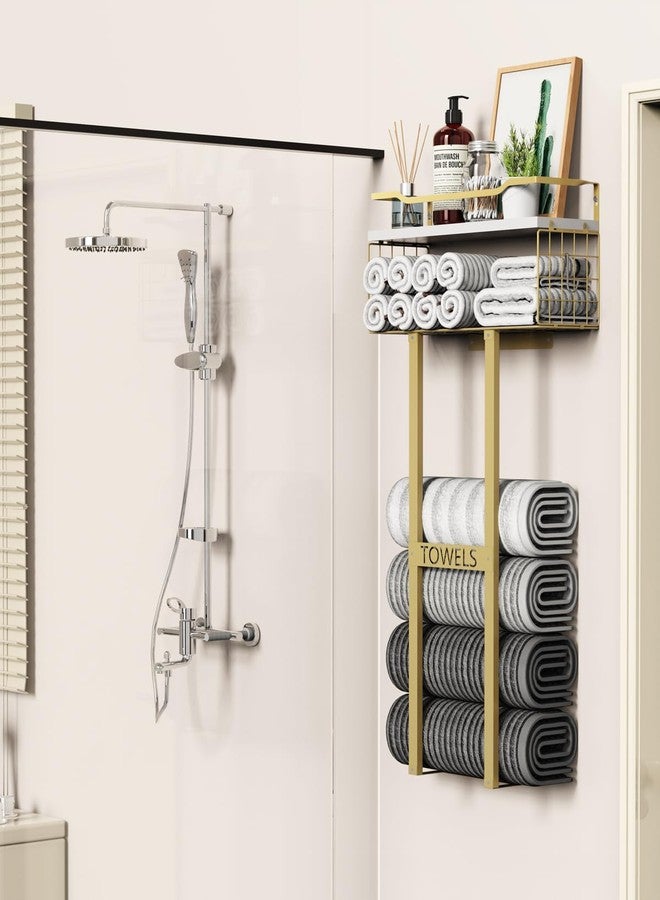 Aetyord Towel Racks for Bathroom - Wall Mounted Metal Rack with Wood Plank, Bathroom Storage Organizer, Towel Holder Stores 6 Large Rolled Towels Easily, Gold with White Plank - Image 3