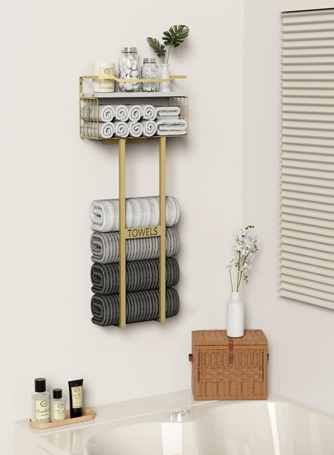 Aetyord Towel Racks for Bathroom - Wall Mounted Metal Rack with Wood Plank, Bathroom Storage Organizer, Towel Holder Stores 6 Large Rolled Towels Easily, Gold with White Plank - Image 4