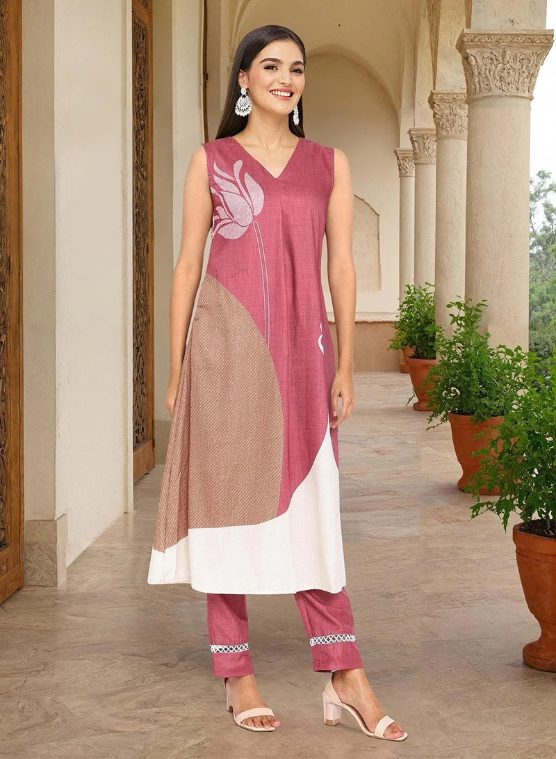 ISHIN Ethnic Motifs Printed V-Neck A-Line Kurta With Trousers