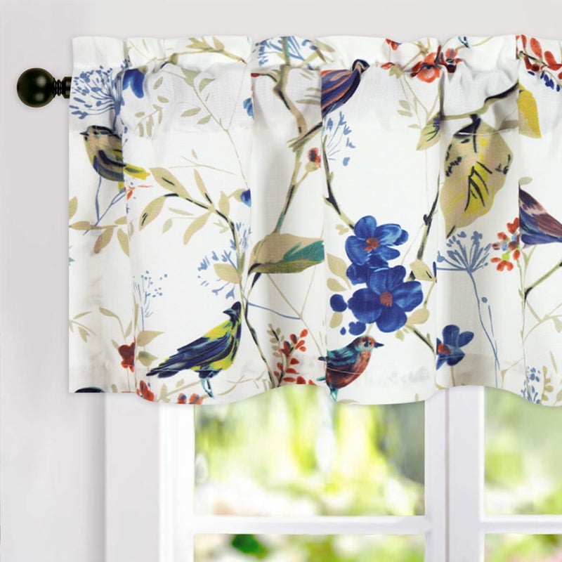 VOGOL VOGOL Cyan Leaves Print Curtains Valances  Birds Pattern Linen Textured Valance for Cafe Office  Rod Pocket Window Treatments for Kitchen  52 x 18 Inches  1 Panel  - Image 1