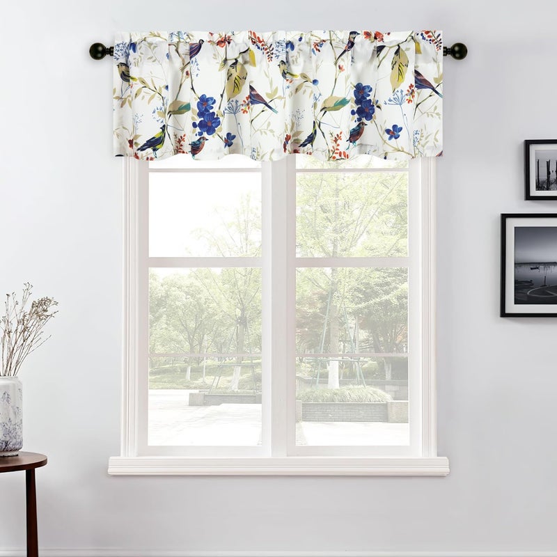 VOGOL VOGOL Cyan Leaves Print Curtains Valances  Birds Pattern Linen Textured Valance for Cafe Office  Rod Pocket Window Treatments for Kitchen  52 x 18 Inches  1 Panel  - Image 2