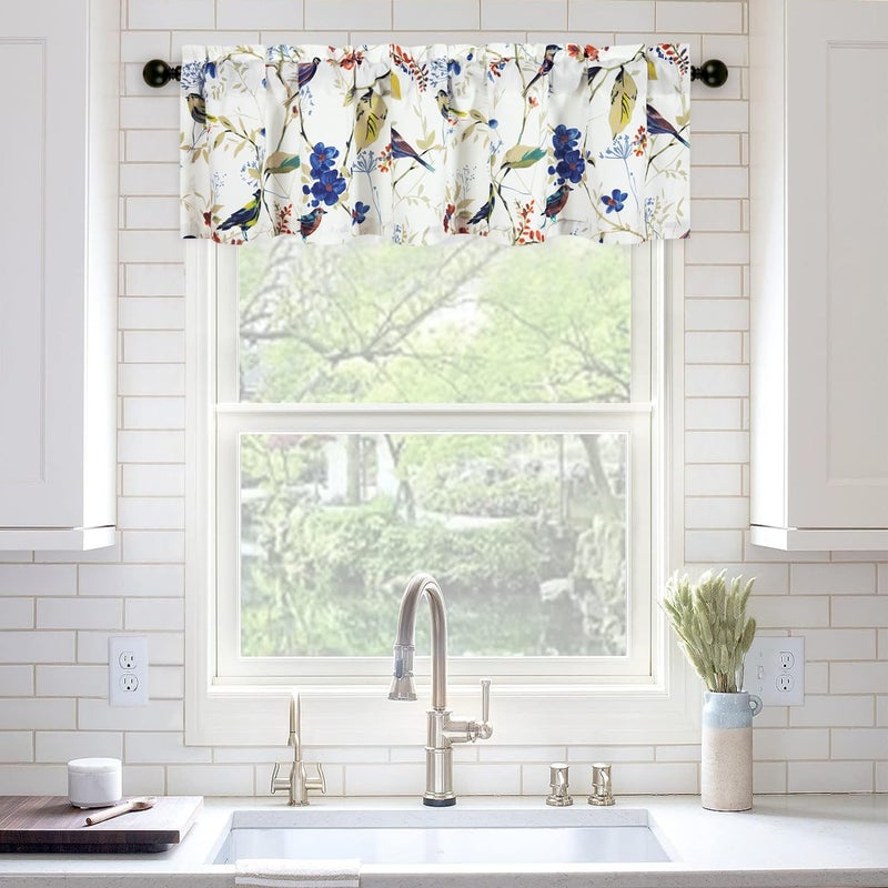 VOGOL VOGOL Cyan Leaves Print Curtains Valances  Birds Pattern Linen Textured Valance for Cafe Office  Rod Pocket Window Treatments for Kitchen  52 x 18 Inches  1 Panel  - Image 3