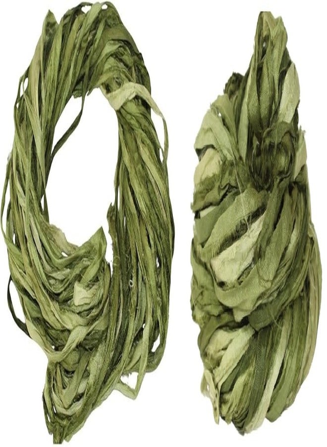 KnitSilk Brand - Super Bulky Recycled Sari Silk Ribbon Yarn in Olive Ombre | 50 GMS - 30 Yards | Duppioni Silk Ribbon (Pack of 1) - Image 2