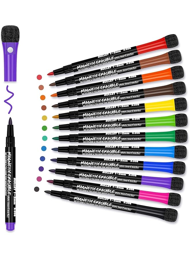 erorex Magnetic Dry Erase Markers Fine: 12 Colors Erasable Whiteboard Markers Fine Point With Eraser Cap Low Odor White Board Dry Erase Pens Fine Tip For Kids And Teachers Home Office And School Supplies 