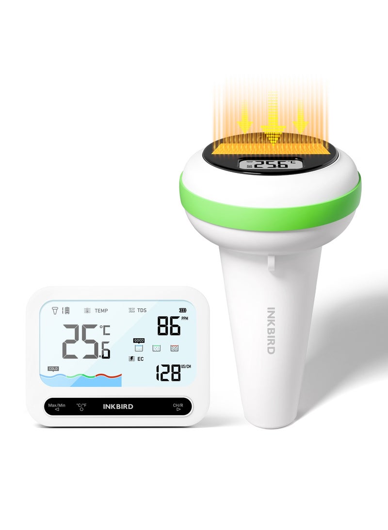 INKBIRD IBS-P04R Solar Powered Pool Thermometer Set, 3 In 1 Water Quality Monitor, Water Temperature TDS EC Detector, IP68 Waterproof, 300M/980FT Ultra Long Transmission