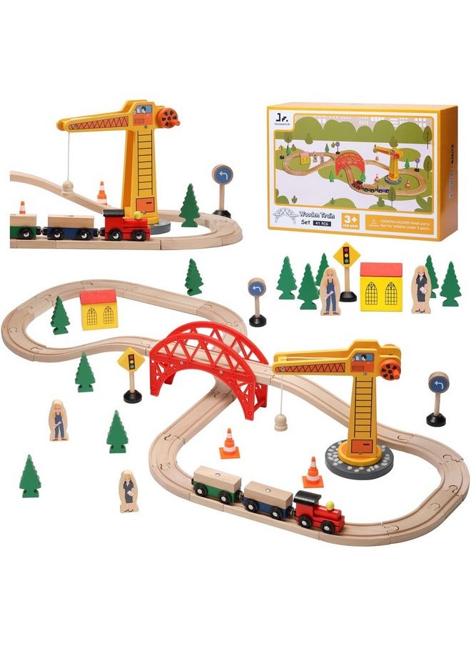 SainSmart Jr. SainSmart Jr. Wooden Train Set for Toddler, 41pcs Wood Train Track w/Crane Fits Brio, Thomas, Melissa and Doug, Kids Wood Toy Train for Kids Ages 3+  - Image 1