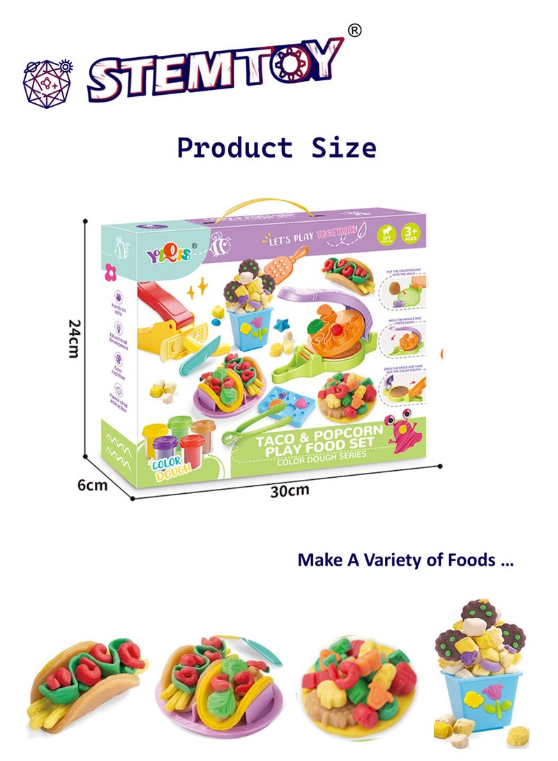 STEMTOY DIY Playdough Set Play Dough Tools Taco & Popcorn Play Set Play Dough with 5 Colors Clay, 2 Machines, Creative Role-Play Toy Pretend Play Shop Pretend Play Kitchen Restaurant, Family Party Birthday Gifts for Kids Girls Boys Ages 3+ - Image 3