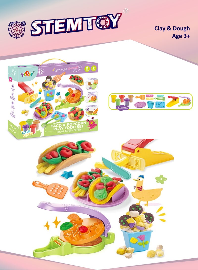 STEMTOY DIY Playdough Set Play Dough Tools Taco & Popcorn Play Set Play Dough with 5 Colors Clay, 2 Machines, Creative Role-Play Toy Pretend Play Shop Pretend Play Kitchen Restaurant, Family Party Birthday Gifts for Kids Girls Boys Ages 3+ - Image 1