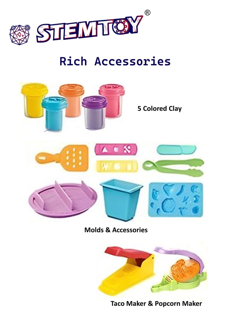 STEMTOY DIY Playdough Set Play Dough Tools Taco & Popcorn Play Set Play Dough with 5 Colors Clay, 2 Machines, Creative Role-Play Toy Pretend Play Shop Pretend Play Kitchen Restaurant, Family Party Birthday Gifts for Kids Girls Boys Ages 3+ - Image 2