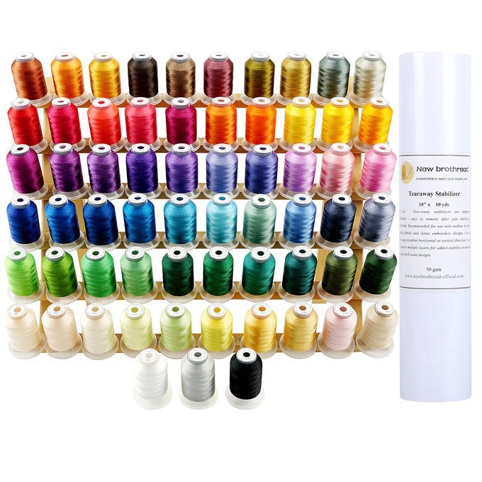 63 BROTHER COLORS POLYESTER EMBROIDERY MACHINE THREAD WITH BONUS OF 10X10YD MEDIUM WEIGHT TEARAWAY EMBROIDERY STABILIZER