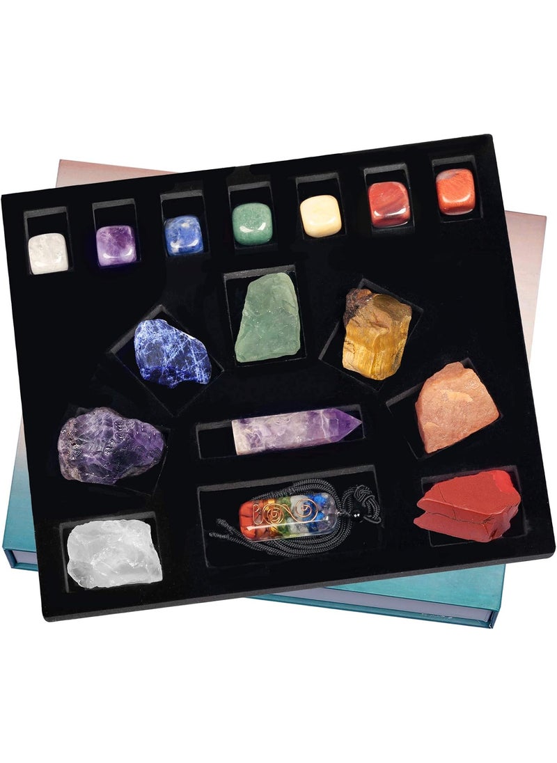 SUNYIK SUNYIK Natural Therapy Starter Healing Crystal Stone Kit, 7 Chakra Raw Rough Stones, Polished Tumbled Stones, Amethyst Crystal Point Wand, Ogone Pendant Necklace for Reiki Balancing Meditation 