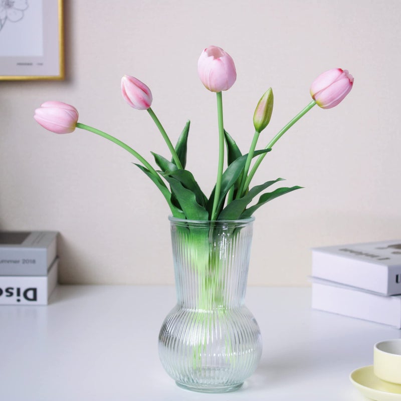 WAKISAKI 16inch Premium Real Touch Fake Tulips Artificial Flowers with Buds Flexible Stem Easy to Shape Faux Tulips Vase not Included 5Pack Set of Piggy Pink