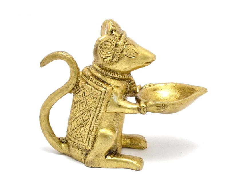 Two Moustaches Brass Home Decor Ganeshas Mouse Holding Oil Lamp Diya Brass Mooshak Brass Decorative Temple Diya Diyas for HomeTemple Standard Pack of 1 - Image 3
