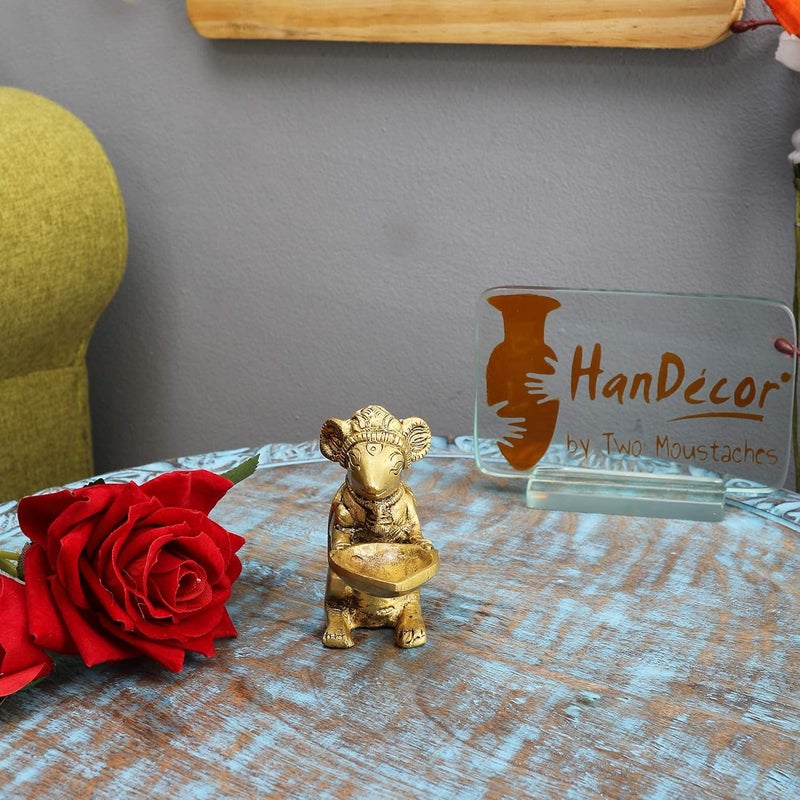Two Moustaches Brass Home Decor Ganeshas Mouse Holding Oil Lamp Diya Brass Mooshak Brass Decorative Temple Diya Diyas for HomeTemple Standard Pack of 1 - Image 2