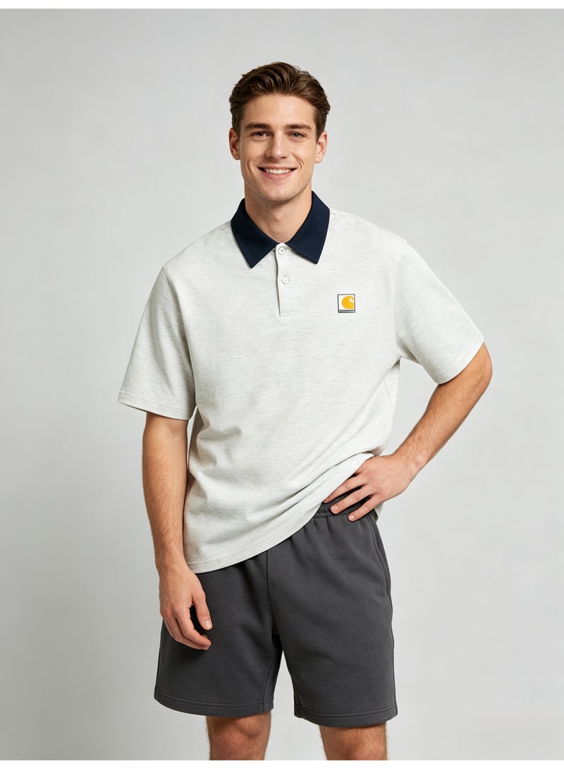 Carhartt Men's Short‑Sleeve Polo Shirt, Contrast Navy Collar Square Logo Patch Casual Breathable Pique Cotton Polo Top - Image 1