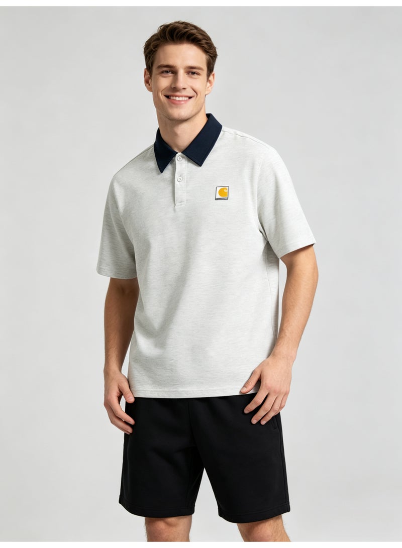 Carhartt Men's Short‑Sleeve Polo Shirt, Contrast Navy Collar Square Logo Patch Casual Breathable Pique Cotton Polo Top - Image 5