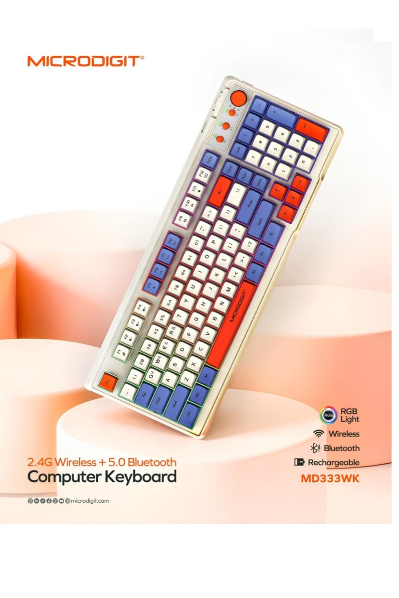 ميكرو ديجيت لوحة مفاتيح لاسلكية قابلة لإعادة الشحن 2.4G وايرليس وبلوتوث 5.0 وإضاءة RGB مع ذر دوار للحجم - Image 1
