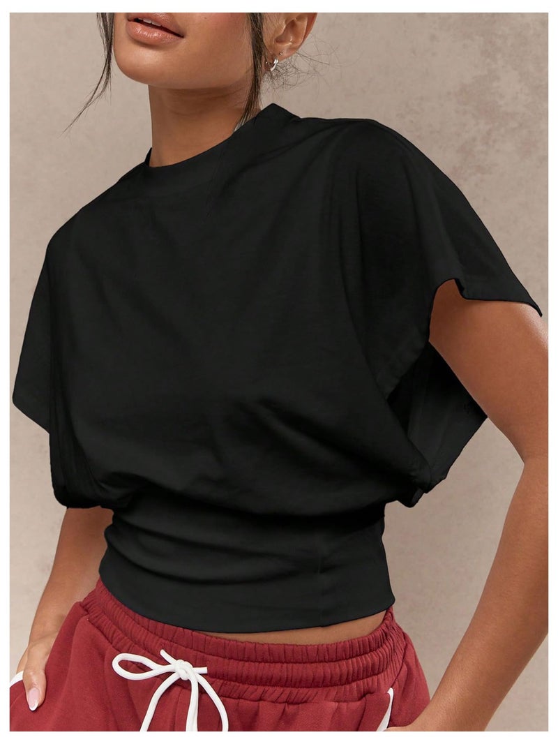 SHENHE Women's Cap Sleeve Dolman T Shirt Crew Neck Cinched Waist Loose Summer Crop Top Black X-Small - Image 3