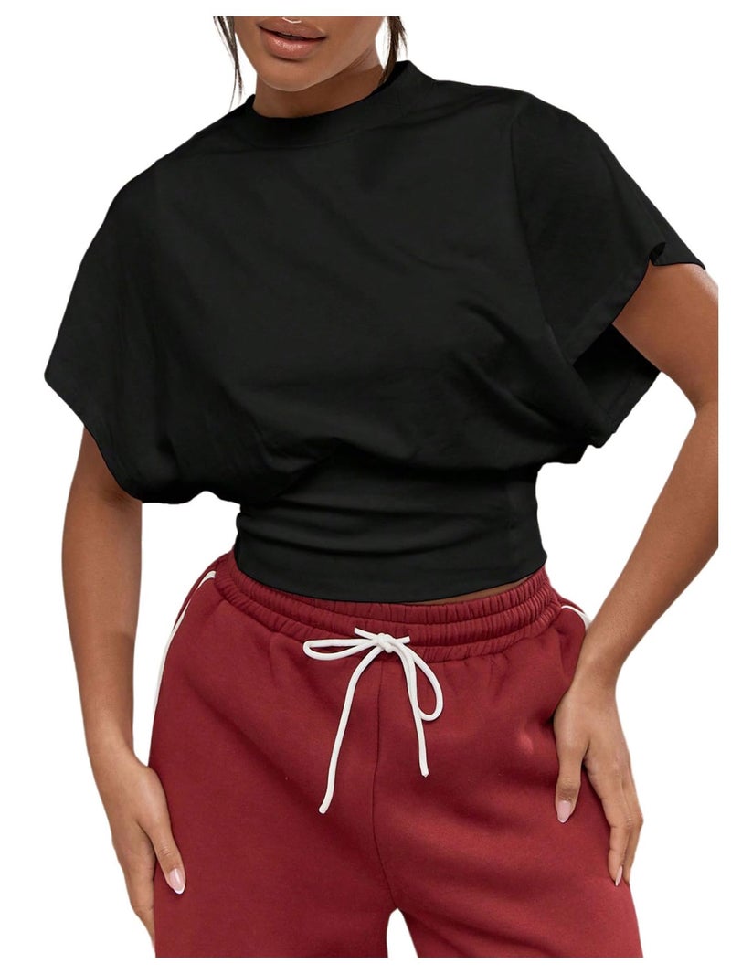 SHENHE Women's Cap Sleeve Dolman T Shirt Crew Neck Cinched Waist Loose Summer Crop Top Black X-Small - Image 1