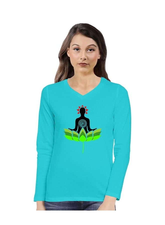 OPLU Store Women's Regular Fit Cotton Graphic Printed V-Neck Long Sleeve T-Shirt - Cyan, 3XL - Image 1