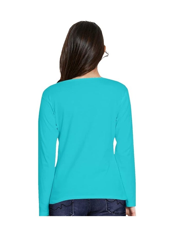OPLU Store Women's Regular Fit Cotton Graphic Printed V-Neck Long Sleeve T-Shirt - Cyan, 3XL - Image 2