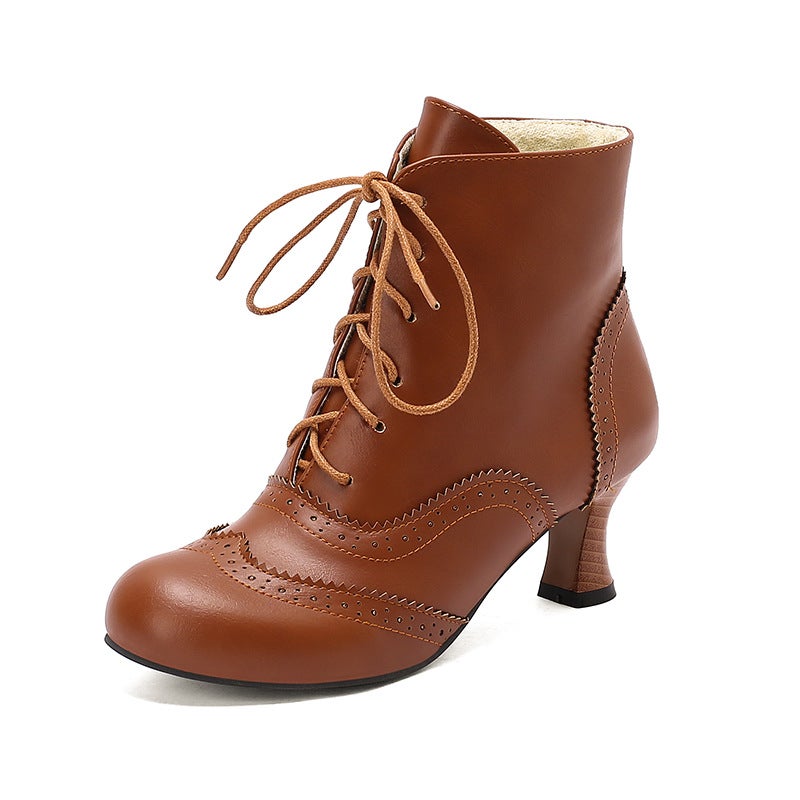 Independent Station Supply 2025 Burnt Flower High Heels 30-48 Size Front Lace-Up Low-Cut Women'S Boots - Image 1