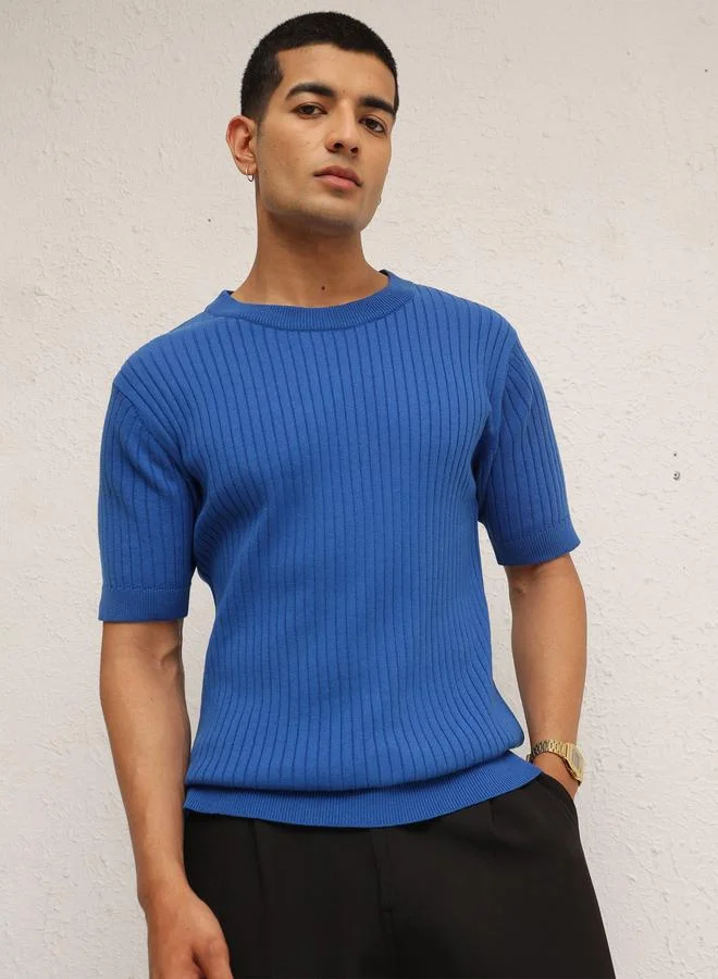 ساسافراس Men Blue Rib Relaxed Fit Round Neck T-Shirt