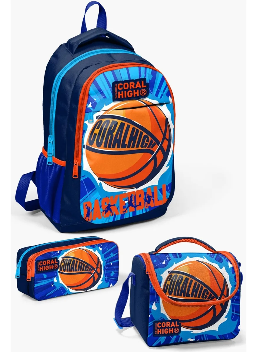 CORAL HIGH Kids Navy Blue Basketball Patterned 3-Piece School Bag Set SET0114405
