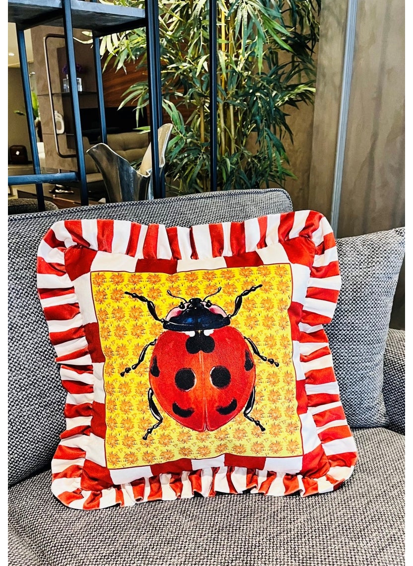 Ge Living Ladybug Patterned Tile Velvet Cushion Cover - Hope Series Special Design Ruffle  - Image 1