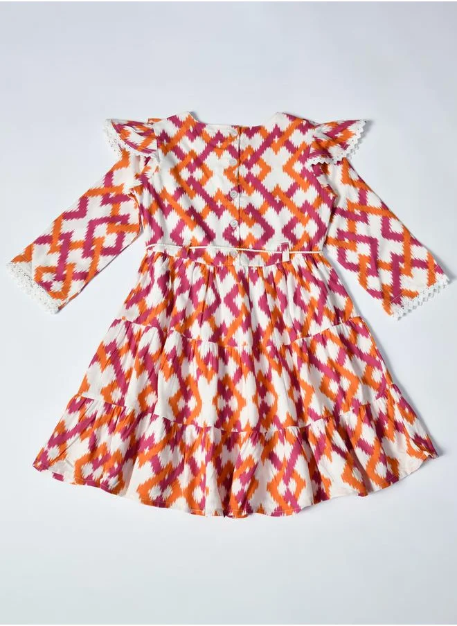 BELLA MODA Bella Moda All-Over Print Ruffle Trim Tiered Dress with 3/4 Sleeves