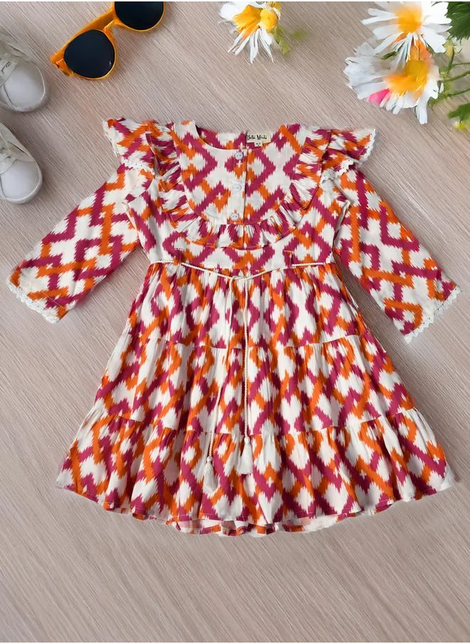 BELLA MODA Bella Moda All-Over Print Ruffle Trim Tiered Dress with 3/4 Sleeves